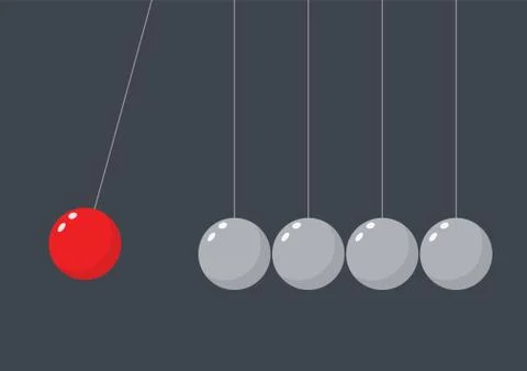Red sphere hanging on threads hitting another pendulum group Stock Illustration
