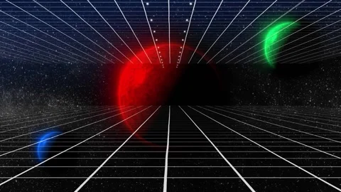 Red sphere pulsing, camera scrolling forward, grid shifting and crescents Stock Footage 329870368