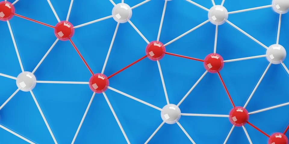 Red spheres form path through network of connected spheres on blue backgrou.. 스톡 일러스트