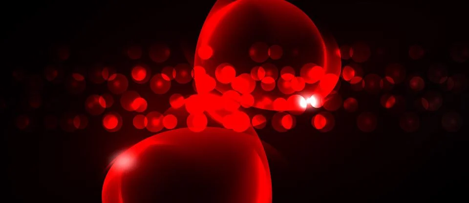 Red spheres, glowing particles create abstract background. Dark space empha.. Stock Illustration