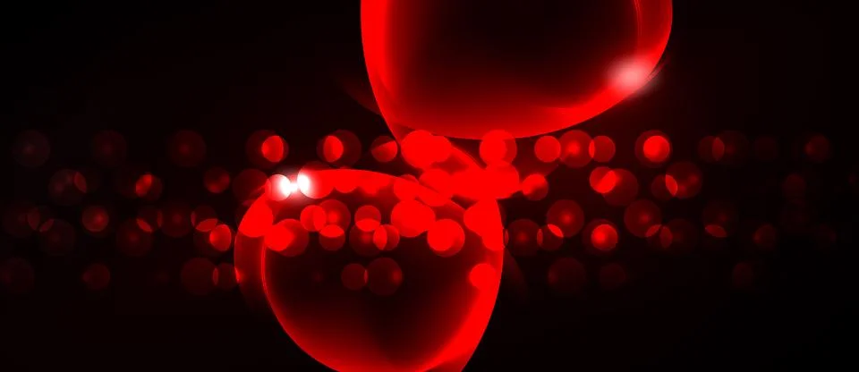 Red spheres overlap, creating luminous effect. Numerous small circles scatter Stock Illustration