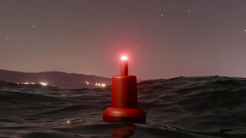 Red Spherical Buoy with Flashing Light in Rough Seas Near Coast Stock Footage 341635657