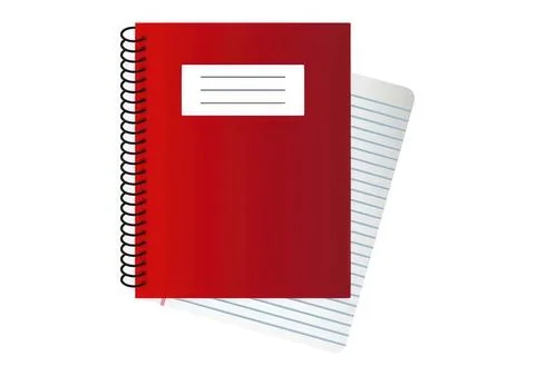 Red spiral notebook on lined paper with blank label Stock Photos