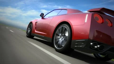 Red sport car moving on the road, loop-ready Stock Footage