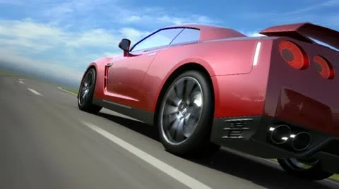 Red sport car moving on the road, loop-ready Stock Footage