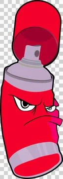 Red spray paint can is hovering with lid floating above nozzle, cartoon style, Ilustração Stock