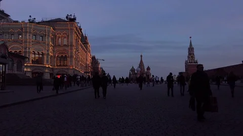 The Red Square and GUM store in the evening. Moscow, Russia. 4K video Stock Footage 73925795