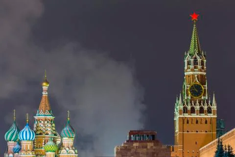 Red Square and St. Basil's Cathedral in beautiful christmas illumination Stock Photos
