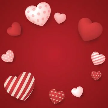 Red square background with 3d heart balloons various designs floating have .. Stock Illustration