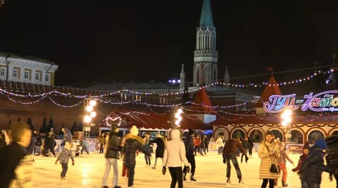 Red Square Christmas Ice Skating Ring. Moscow, Kremlin. Stock Footage 45017265