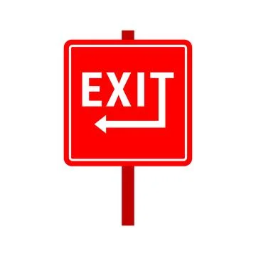 Red square exit sign vector icon with white text and left pointing arrow Stock Illustration