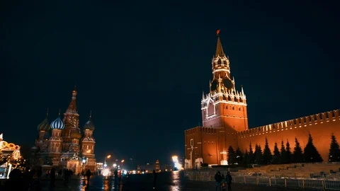 Red Square Kremlin Clock Kremlin wall, Saint Basil's Cathedral, traditional fair Stock Footage 102897287