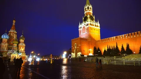 Red Square Kremlin Clock Kremlin wall, Saint Basil's Cathedral, traditional fair Stock Footage 102899251
