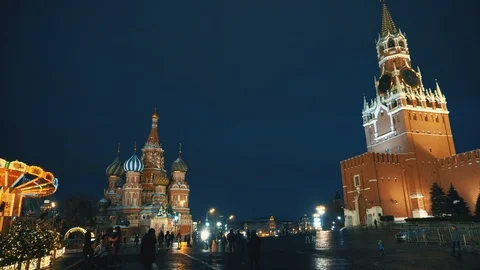 Red Square Kremlin Clock Kremlin wall, Saint Basil's Cathedral, traditional fair Video stock 103055465