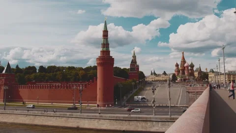 Red Square, Moscow. General plan. View of the tower with chimes and St. Basil's Stock Footage 254410639