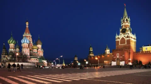 Red Square, Moscow Kremlin and St. Basil's Cathedral at night, time-lapse. 스톡 동영상 26808149