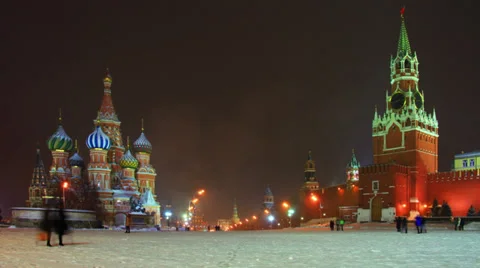 Red Square, Moscow Kremlin and St. Basil's Cathedral at winter night, time-lapse Stock Footage