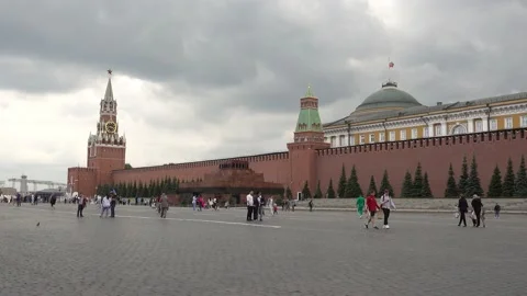 Red Square Moscow Kremlin, Lenin mausoleum, Spasskaya Clock tower. Stock Footage 154481265