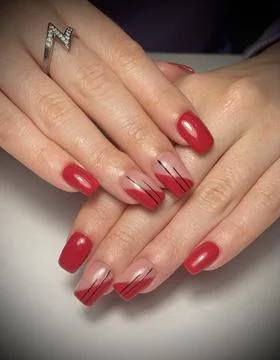 Red Square Nails with Base Manicure Fotos de archivo