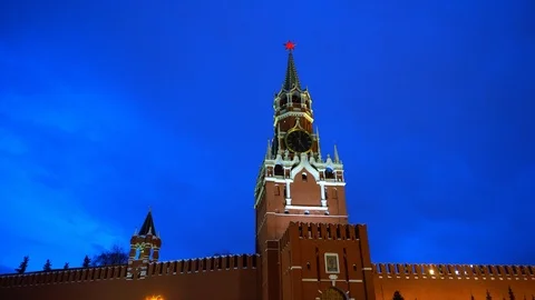 Red Square panorama cremlin clock chimes wall, red star, Saint Basil's Cathedral Stock Footage 102898161