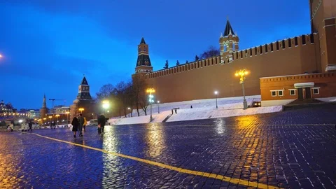 Red Square panorama cremlin clock chimes wall, red star, Saint Basil's Cathedral Stock Footage 102910423