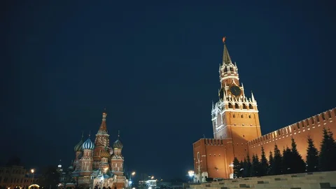 Red Square panorama cremlin clock chimes wall, red star, Saint Basil's Cathedral Stock Footage 103055760