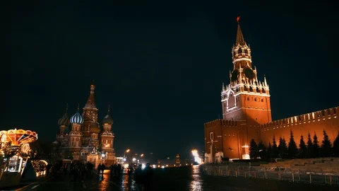 Red Square panorama Kremlin Clock Wall, Saint Basil's Cathedral, mausoleum, fair Stock Footage 102897137