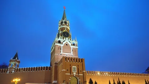 Red Square panorama Kremlin Clock, Kremlin Wall, Lenin mausoleum, evening Stock Footage 102910521