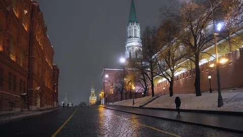 Red Square. Smooth forward movement. Kremlin clock with red star. Winter night Stock Footage 116723158