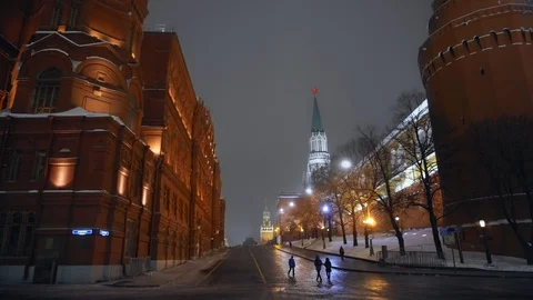 Red Square. Smooth forward movement. Kremlin clock with red star. Winter night Stock Footage 116723506