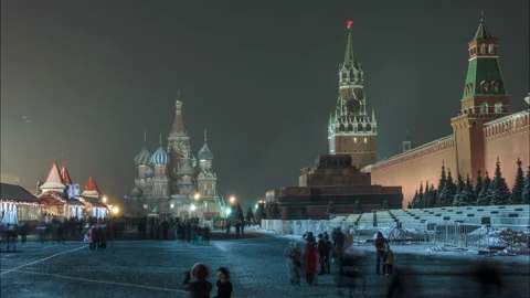 Red Square St. Basil's Cathedral Night Winter Moscow Russia Kremlin Mausoleum Stock Footage 146153613