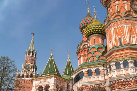 Red square. St. Basil's Cathedral on the background of the Kremlin Spasskaya Stock Photos