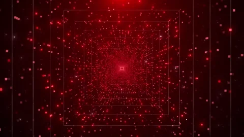 Red square tunnel background glowing frames, pixel particles, and deep digital p Stock Footage 340420692
