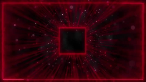 Red square tunnel frame glowing box outlines, particle beams, dark center, drama Stock Footage 340566019