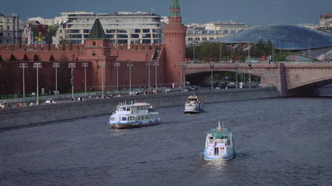Red Square View with Ships Sail Along the Moscow River in Summer Stock Footage 277121491