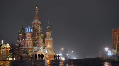 Red Square on a winter night. St. Basil's Cathedral. Kremlin wall, clock tower Stock Footage 116722859