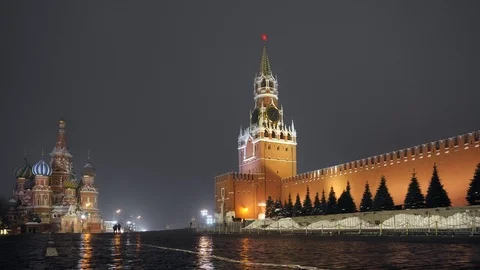 Red Square on a winter night. St. Basil's Cathedral. Kremlin wall, clock tower Stock Footage 116724156