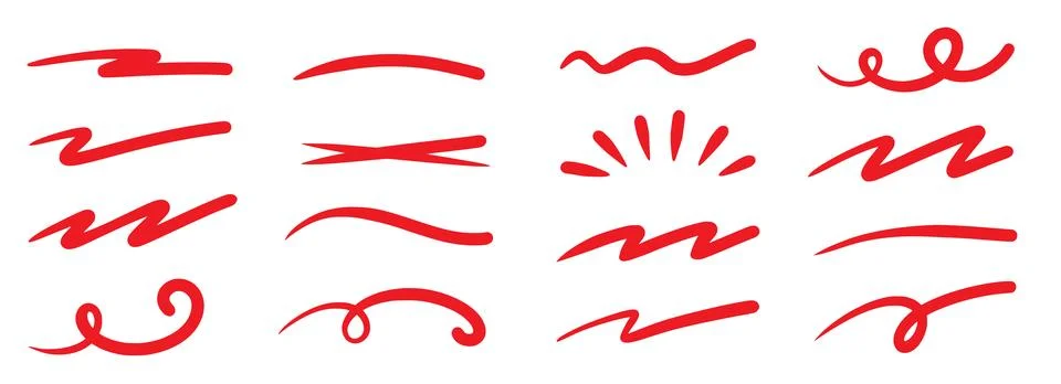 Red squiggle brush scribble underline. Marker pen emphasis highlight red swoosh Stock Illustration