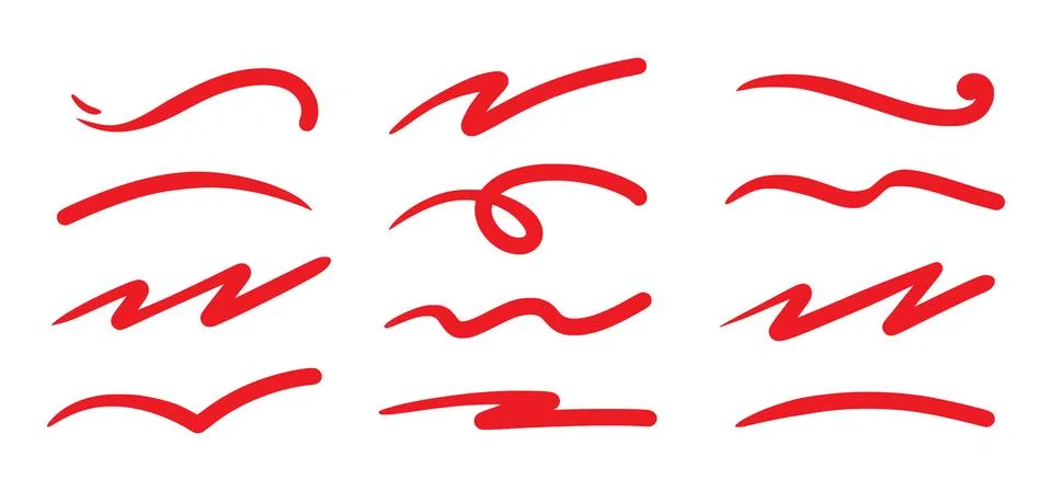 Red squiggle brush scribble underline. Marker pen emphasis highlight red swoosh Illustrazione stock