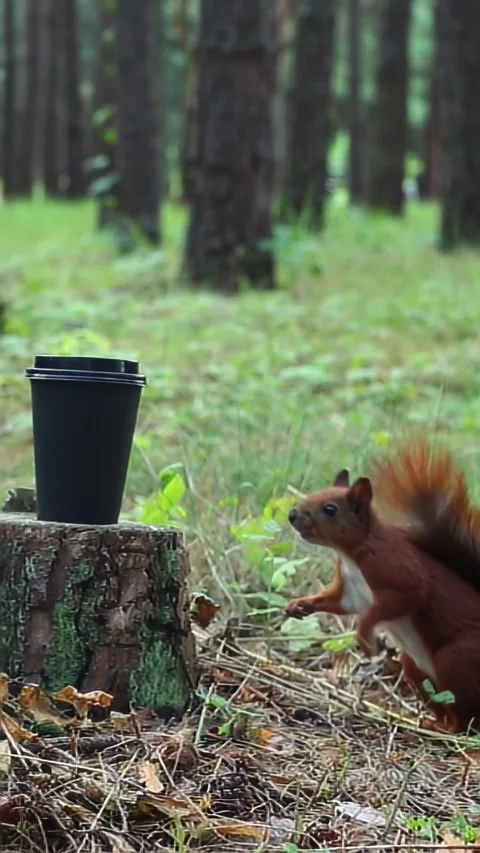 Red squirrel climbing wooden post exploring forest environment Stock Footage 314309948