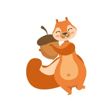 Red Squirrel Holding An Acorn Humanized Cartoon Cute Forest Animal Character Stock Illustration