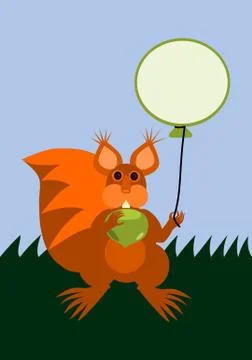 Red squirrel holding balloon with empty place for note Stock Illustration