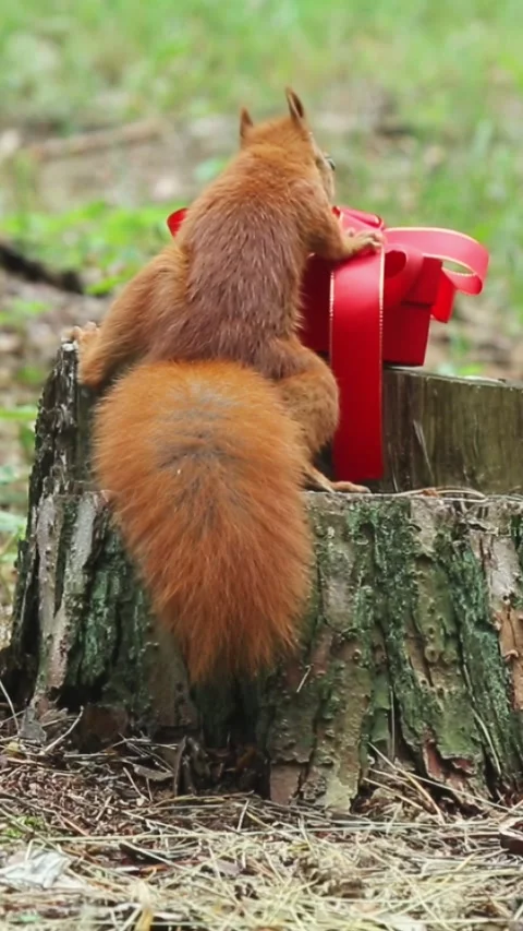 Red squirrel interacts with gift box on tree stump outdoors Stock Footage 315703381