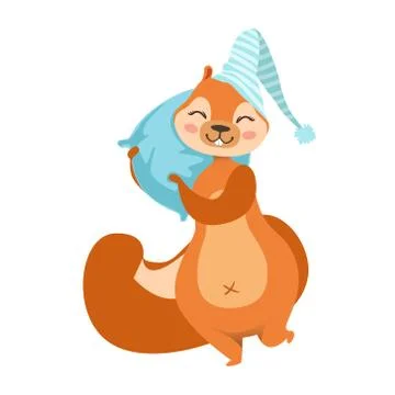 Red Squirrel With A Pillow Going To Sleep Humanized Cartoon Cute Forest Animal Stock Illustration