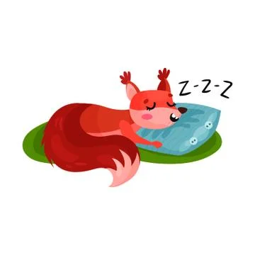 Red squirrel sleeping on soft pillow outdoor. Small forest rodent napping on イラスト素材