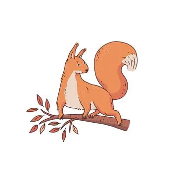Red squirrel on the tree branch. Cartoon outline sketch illustration of cute Stock Illustration