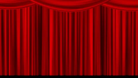 Red stage curtain animation open and close from left and right with top valance. Stock Footage 342545419