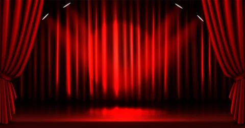 Red stage curtain with dramatic spotlight beams Stock Illustration
