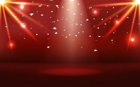 Red stage with neon bright effect and paper confetti celebrate, sunburst light Stock Illustration