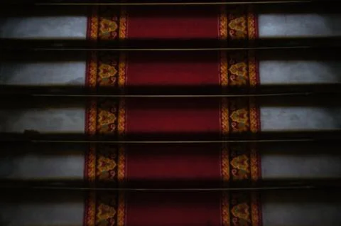 Red staircase, carpet Stockfoto's